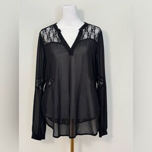 Anthropologie Lush Black Long Sleeve Sheer Top Lace Accents Women’s Size Medium